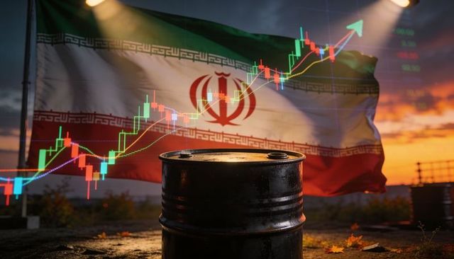 Iran oil barrel with rising candlestick chart at sunset – energy market growth concept