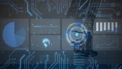 Futuristic Digital Interface with Data Visualizations over Cityscape