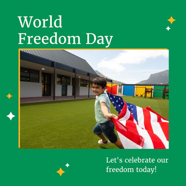 Caucasian Boy Celebrating World Freedom Day with American Flag Running Outdoors - Download Free Stock Templates Pikwizard.com