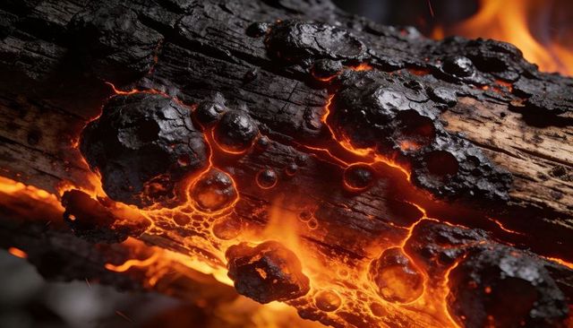 Charred log glowing with molten embers and bubbled resin macro texture crackling fire
