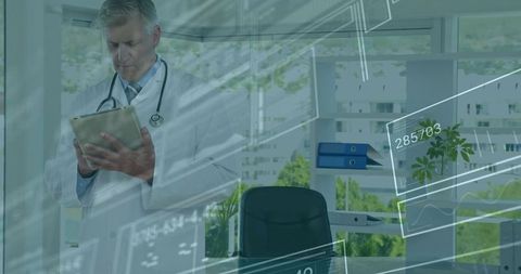 Senior Doctor Analyzing Medical Data on Tablet