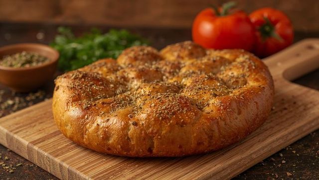 Rustic herbed focaccia on wooden board featuring golden crust and tomato garnish