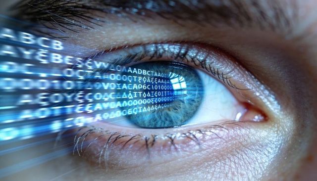 Futuristic Blue Iris Scan Projecting Alphanumeric Data Stream with Corneal Glint