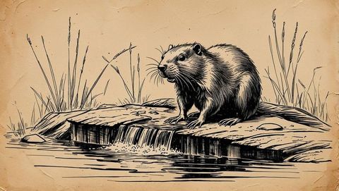 Wild beaver on ledge next to waterfall illustration