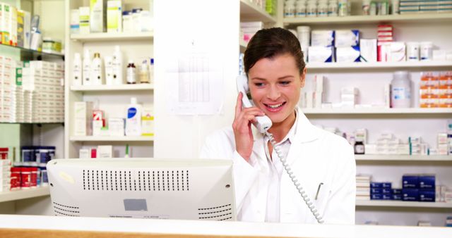Female pharmacist wearing white coat talking on phone behind counter. Pharmacy shelves stocked with medical supplies and medications visible in background. Perfect for themes related to healthcare, customer service, pharmacies, medical assistance, and professional service settings. Ideal for use in brochures, websites, health magazines, and advertisements.