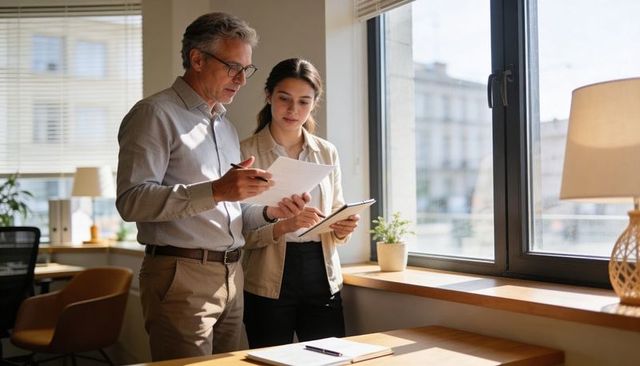 Senior mentor and junior colleague reviewing documents by sunlit office window
