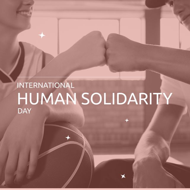 Composition of international human solidarity day text over caucasian friends fist bumping. International human solidarity day, support and friendship concept.