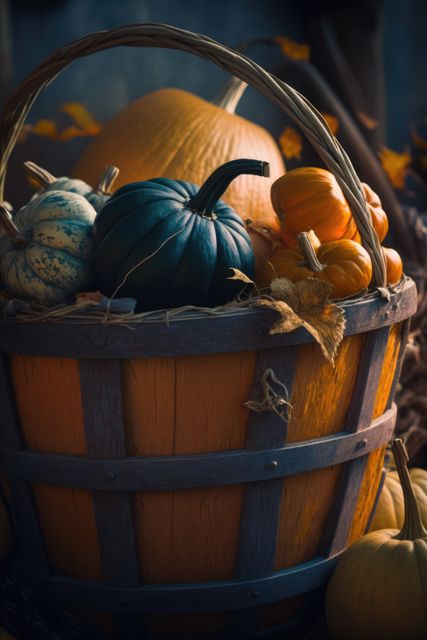 Contains close-up of woven basket full of different types and colors of pumpkins and gourds in an autumn setting with dry leaves. Useful for fall and harvest-themed designs, Thanksgiving decorations, farm or Halloween marketing, seasonal greeting cards, and agricultural promotion materials.