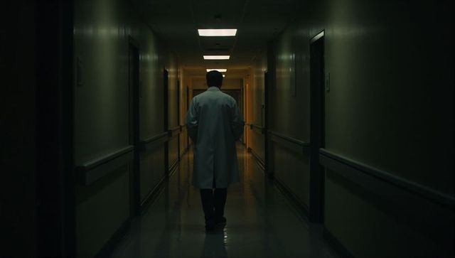 Doctor walking down dim hospital corridor at night conveying solitude and tension