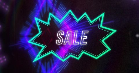 Vibrant neon sale sign in digital tunnel background