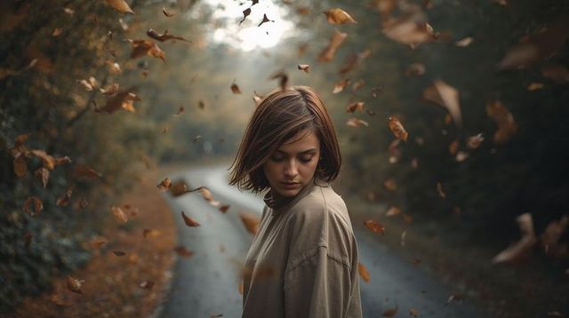 Contemplative adult woman gazing down on winding country road with swirling autumn leaves
