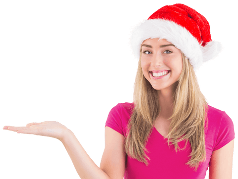 Smiling Caucasian Woman in Santa Hat on Transparent Background