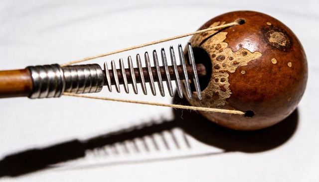 Brazilian berimbau with patinated gourd resonator and metal rings - rustic musical detail
