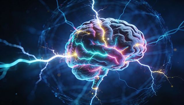 Pulsing neon brain with electric neural pathways glowing in dark digital space, cybernetic