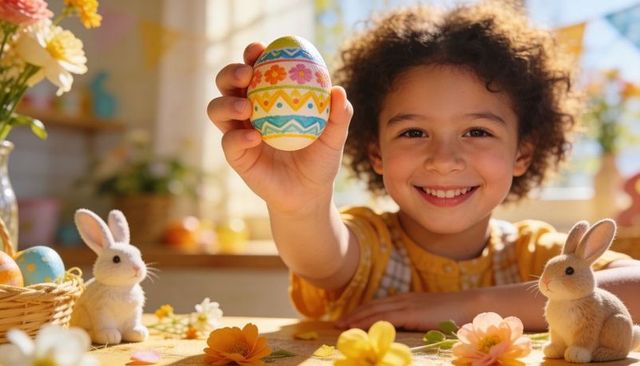 Smiling child holding painted easter egg at sunlit table with bunnies and spring flowers