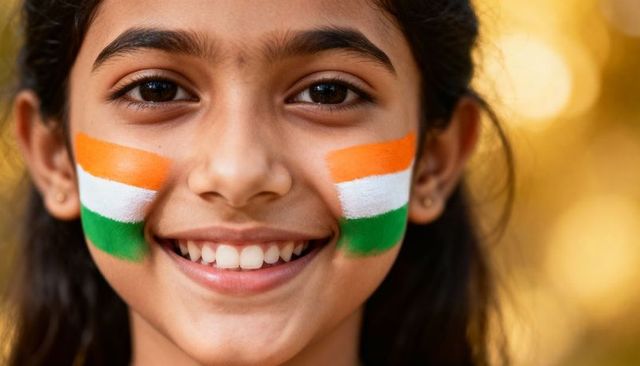 Smiling indian girl showing tricolor face paint and wearing stud earrings in golden hour
