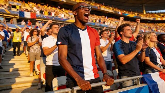 Passionate french football fan shouting in tricolor jersey at packed stadium crowd