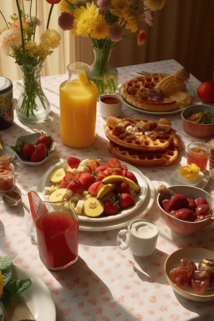 Brunch food on plates and drink on table, created using generative ai technology. Brunch, eating, food and drink concept digitally generated image.