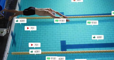 Competitive diver launching over turquoise pool with social media engagement overlays