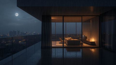 Moonlit rain on high-rise balcony revealing warm minimalist living room interior