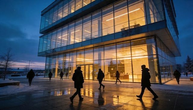 Glowing glass office tower reflecting warm light onto wet plaza at dusk