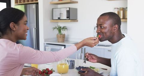 Loving Couple Sharing Breakfast in Modern Kitchen