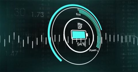 Futuristic circular battery gauge showing 94% charge, eco power hud with waveform interface