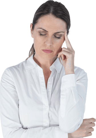 Front view of thoughtful businesswoman touching head indicating headache. Perfect for illustrating stress management, workplace wellness, or mental health awareness campaigns in professional settings.