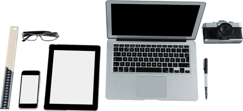 Tech devices and office accessories neatly arranged, showcasing modern workspace essentials. Perfect for emphasizing themes of technology, productivity, and digital connectivity in business or educational contexts.