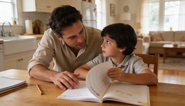 Father helping son with homework at kitchen table during daytime home tutoring session