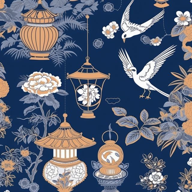 Repeatable pattern of chinoiserie on blue background, created using generative ai technology. Chinoiserie, interior design and decorative pattern concept digitally generated image.