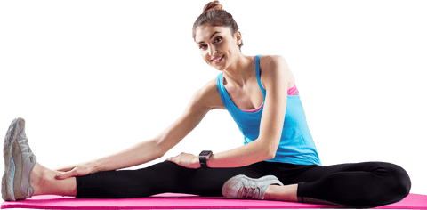 Transparent Athletic Woman Stretching on Pink Exercise Mat