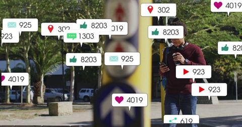 Man walking checking phone and holding coffee amid floating social media notifications