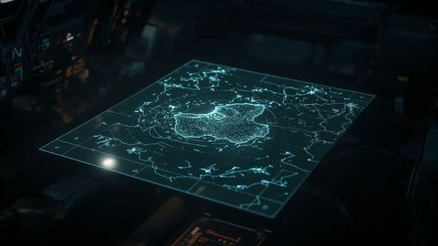 Futuristic holographic map interface in control console