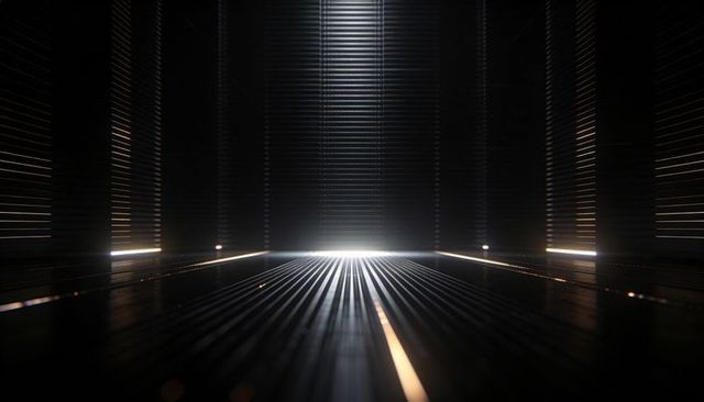 Futuristic metallic corridor emitting light streaks across grooved reflective floor