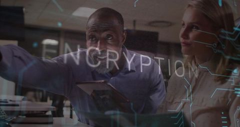 Senior IT Specialist Discussing Cybersecurity with Encryption Overlay