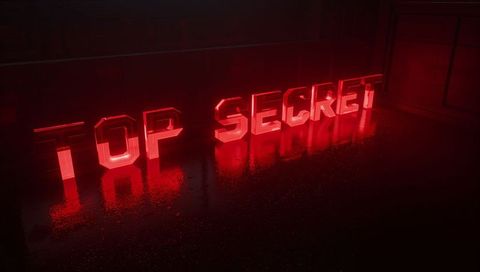 Glowing TOP SECRET Neon Letters Casting Red Reflections on Wet Industrial Floor