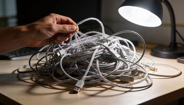 Tangled usb and braided cables on desk with hand untangling wires under warm lamp