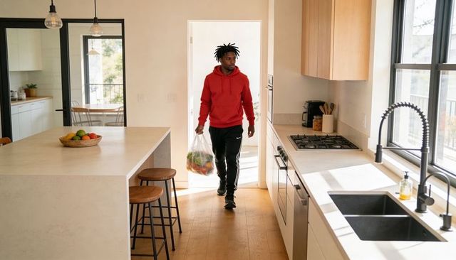 Walking man carrying groceries into bright openplan modern kitchen with island and natural sunlight