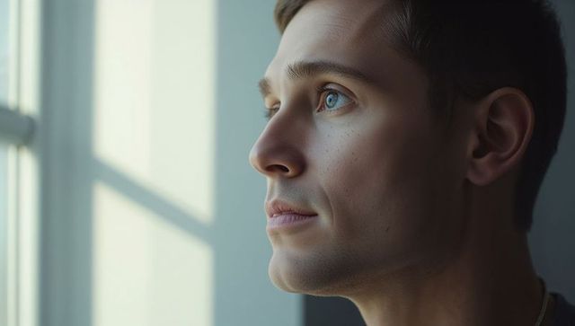 Contemplative young man gazing through window with soft natural light and cross shadow