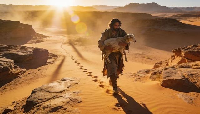 Desert shepherd carrying lamb walking up rocky ridge at golden hour with footprints backlit