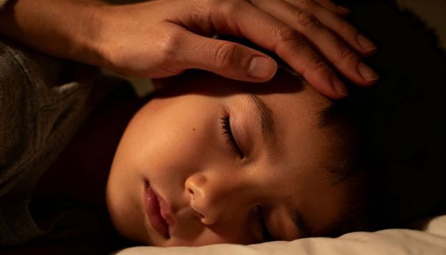 Parent comforting sleeping child with gentle hand on forehead, nighttime tenderness