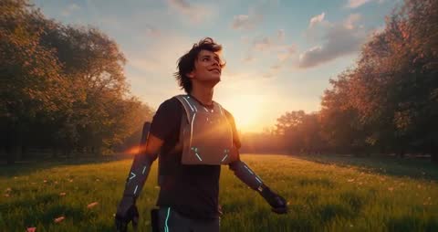 Man in Futuristic Exosuit Enjoying Scenic Walk in Meadow