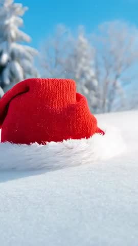 Pulling Back Revealing Red Santa Hat Resting on Snow with Pines in Vertical Winter Video