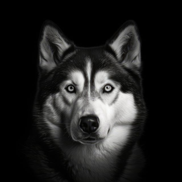 The image showcases a Siberian Husky staring directly at the camera, set against a black background. The moody lighting emphasizes the dog's piercing blue eyes and symmetric facial features. This portrait exudes strength and loyalty, and is perfect for use in advertisements for pet products, animal shelter promotions, or wall art focusing on the beauty and elegance of dogs.