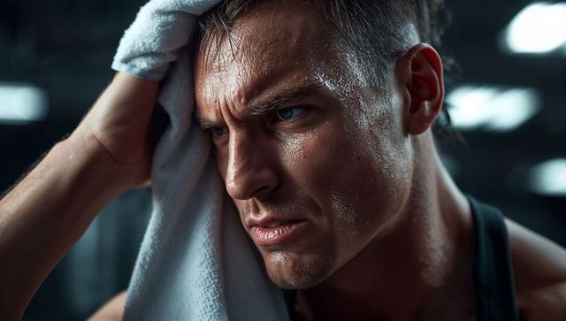 Muscular Athlete Pressing Towel to Forehead, Sweating After Intense Workout Closeup