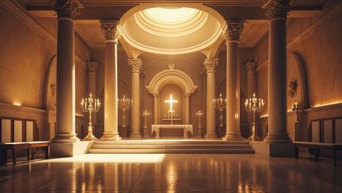 Grand church altar with golden illumination and standing cross design