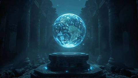 Futuristic holographic earth in ancient temple ruins