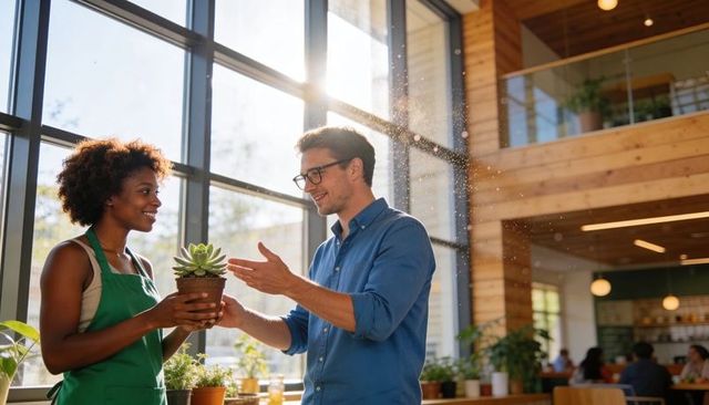 Sunlit plant shop staff handing potted succulent to smiling customer in modern wooden cafe interior