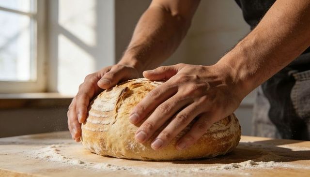Shaping artisan sourdough loaf with baker hands on floured wooden board in warm sunlight